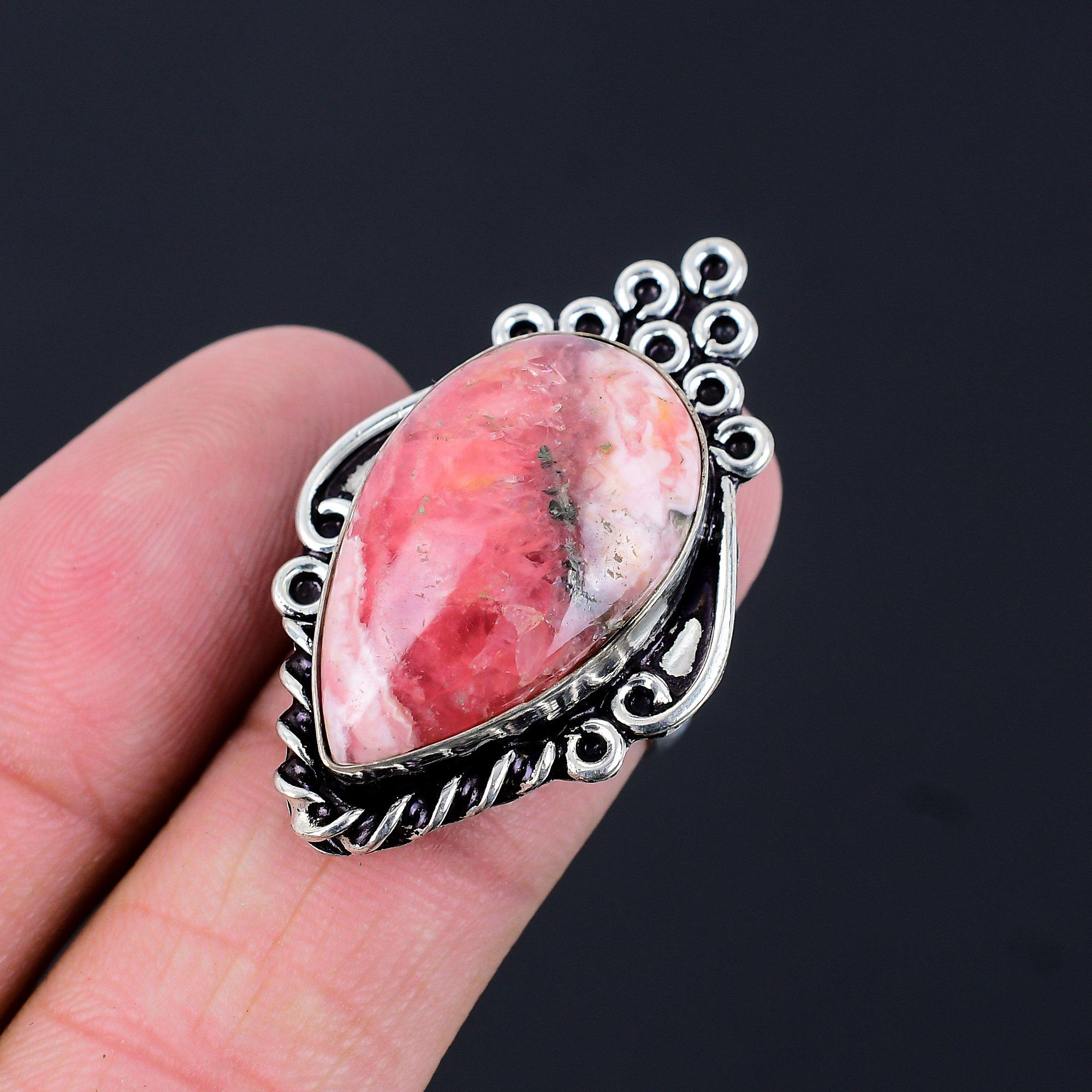 Sterling Silver Rhodochrosite Stone Handmade Boho Promise Ring Jewelry Size 6.5 6.5