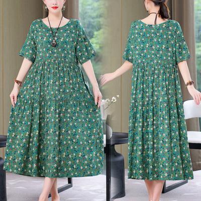 Women's Mid-length Dress,summer Dress for Mothers,cotton Silk Knee-length Dress,middle-aged Women's Dress,plus-size Short-sleeved Beach Dress Women