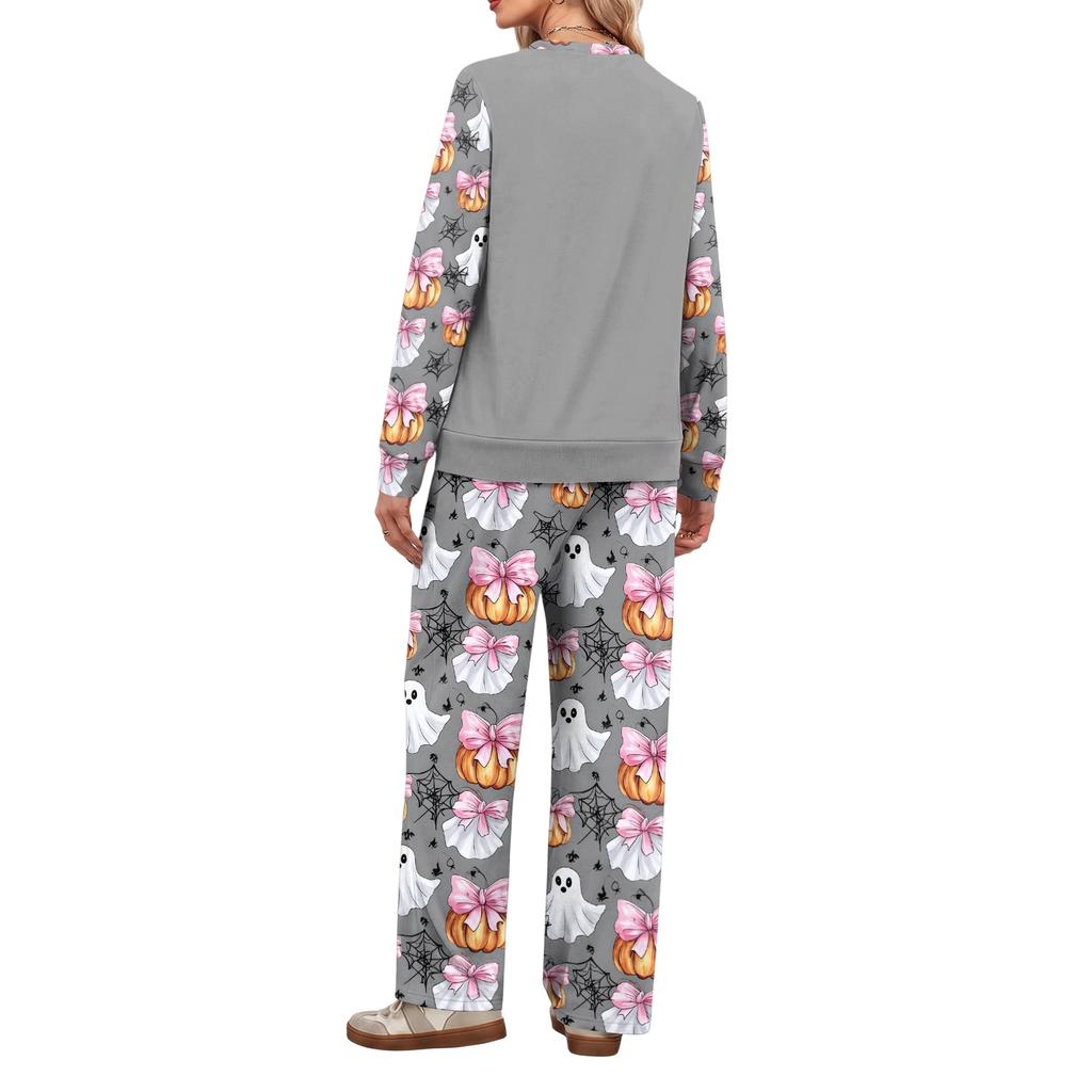 Women's Halloween Print Hoodie and Jogger Pants Set, Round Neck Loose Fit Casual Sweatsuit