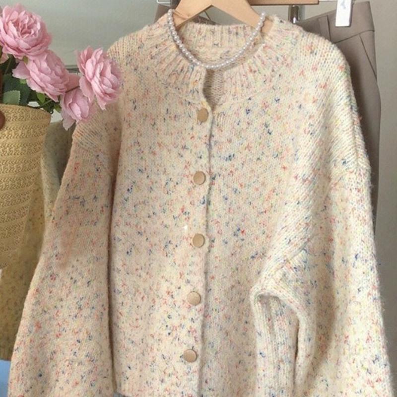 Ladies Floral Vintage Sweaters Lazy Style Loose Lantern Sleeve Sweater Winter Versatile Woman Single Breasted Cardigan