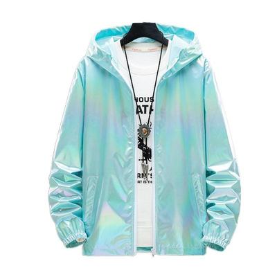 Unisex błyszcząca kurtka Laserowy płaszcz z kapturem opalizujący holograficzny Harajuku Sun Protect Top Plus rozmiar
