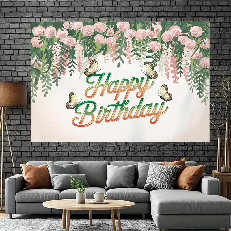 2D Pink Rose Butterfly Happy Birthday Backdrop Floral Photography Background