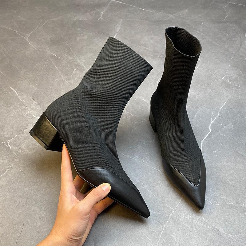 Pointed Thick Heel Short Boots Autumn and Winter New Heightening Thickened Warm Chelsea Boots Women