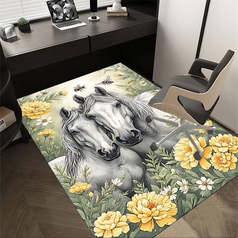 1PC Horses Flowers Non-Slip Floor Carpet Compatible for Office&Living Room&Dining room - Flat-Weave Machine- Soft & Pattern-E240