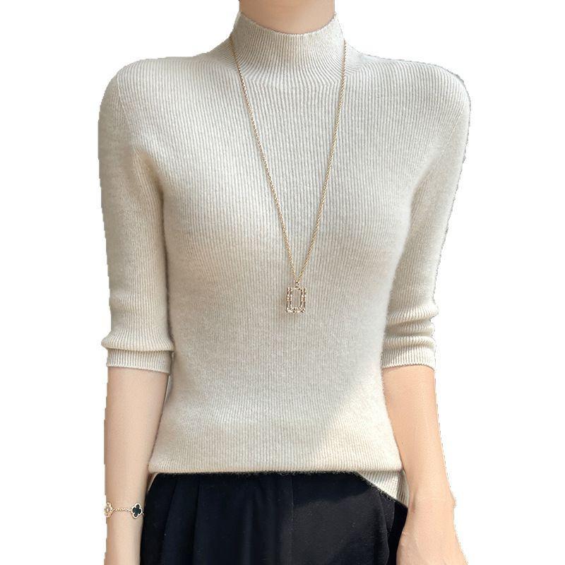 2025 Spring Women's Slim-Fit Mid-Neck Knitted Top with Five-Point Sleeves