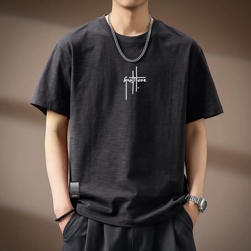 Men s Slub Cotton Embroidered Loose Fit T-Shirt 2XL