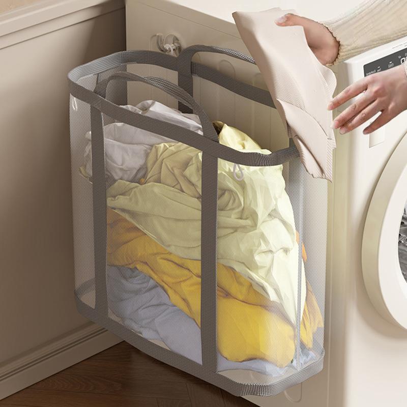 Nylon Mesh Laundry Basket with Handle Breathable Folding Portable Dirty Clothes Organizer Bags Large Capacity Toys Storage Bag