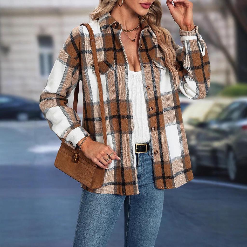 European & American Plaid Drop Shoulder Overcoat - Women's Autumn/Winter Jacket