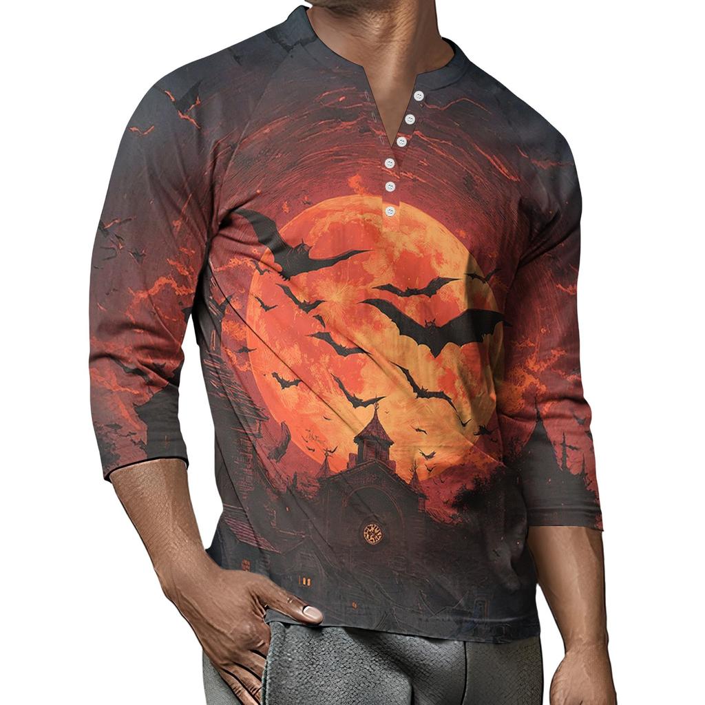 Men's Button-Down Contrast Raglan 3/4 Sleeve Top