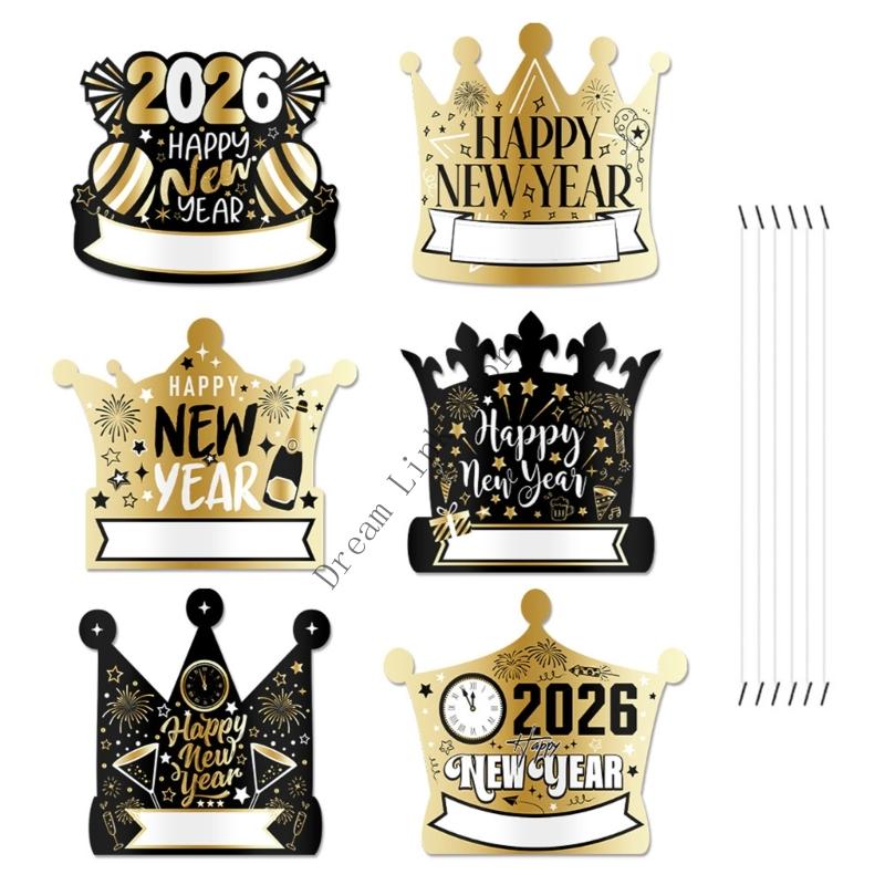 Q1FD Pack Of 6 New Year Crown Hat Thick Paperboard Comfortable Headwears Elegant 2026 Celebration Accessories