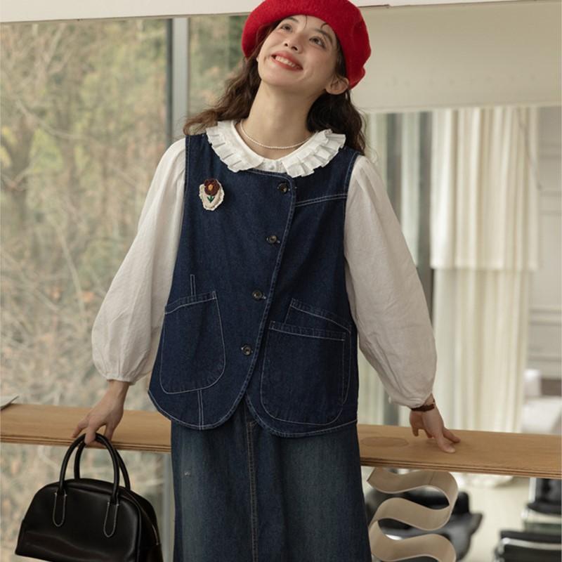 Johnature Codzienna Bluzka Damska z Kołnierzykiem w Kształcie Płatka, Vintage, Wewnętrzna, Biała, Długi Rękaw, Jednolity Kolor, Luźna