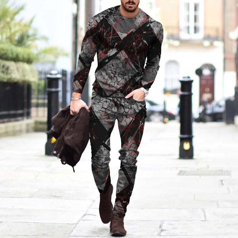 2024 Men's Long Sleeve T-shirt Two-piece European Charm 3d Printed Pattern Popular Street Wear  Loose Suit