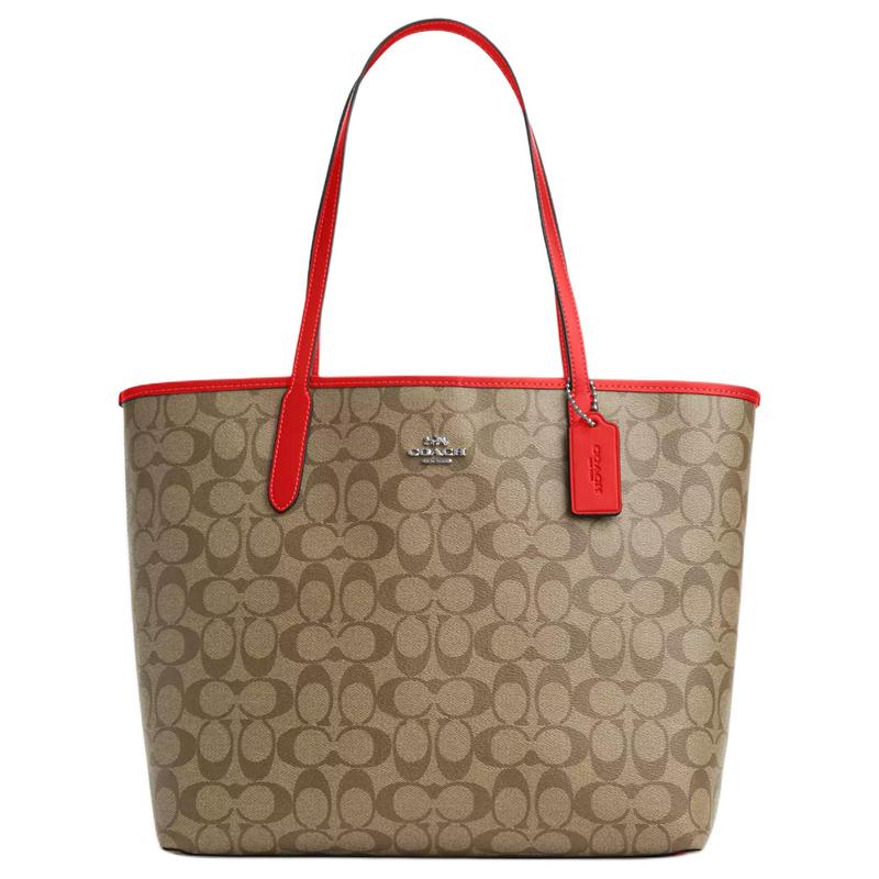 

COACH shoulder bag City 33 Retro Old Flower Printed Magnetic Closure Artificial Leather Tote Shopping Handbag Large Women s Khaki Colored Miami Red червоний