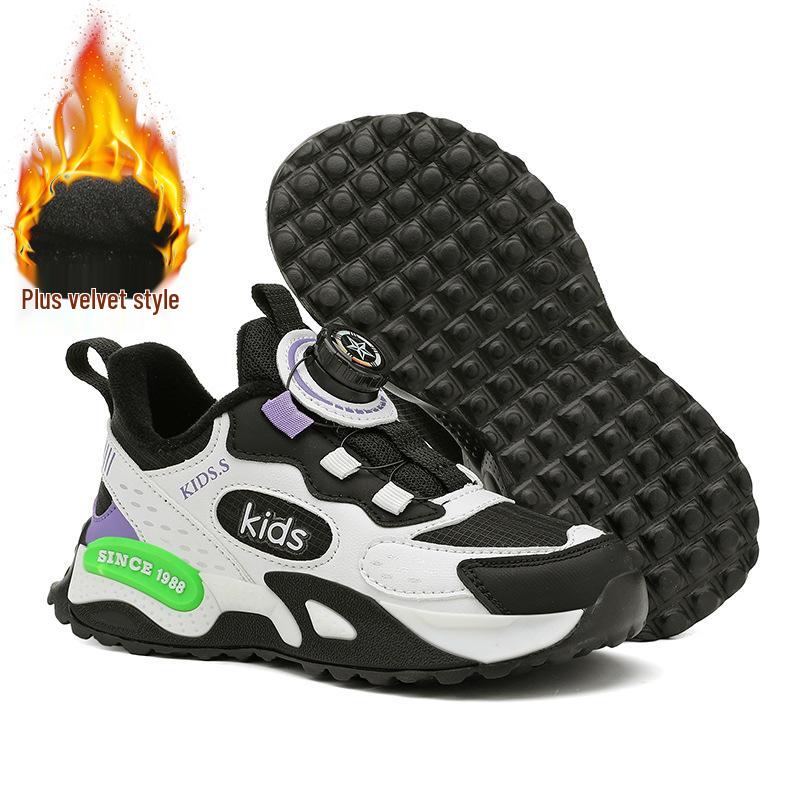 Boys' Winter Sports Shoes: Non-slip Leather, Velvet-Lined, Cotton-Enhanced, Rotary Knob Fastenings for Kids