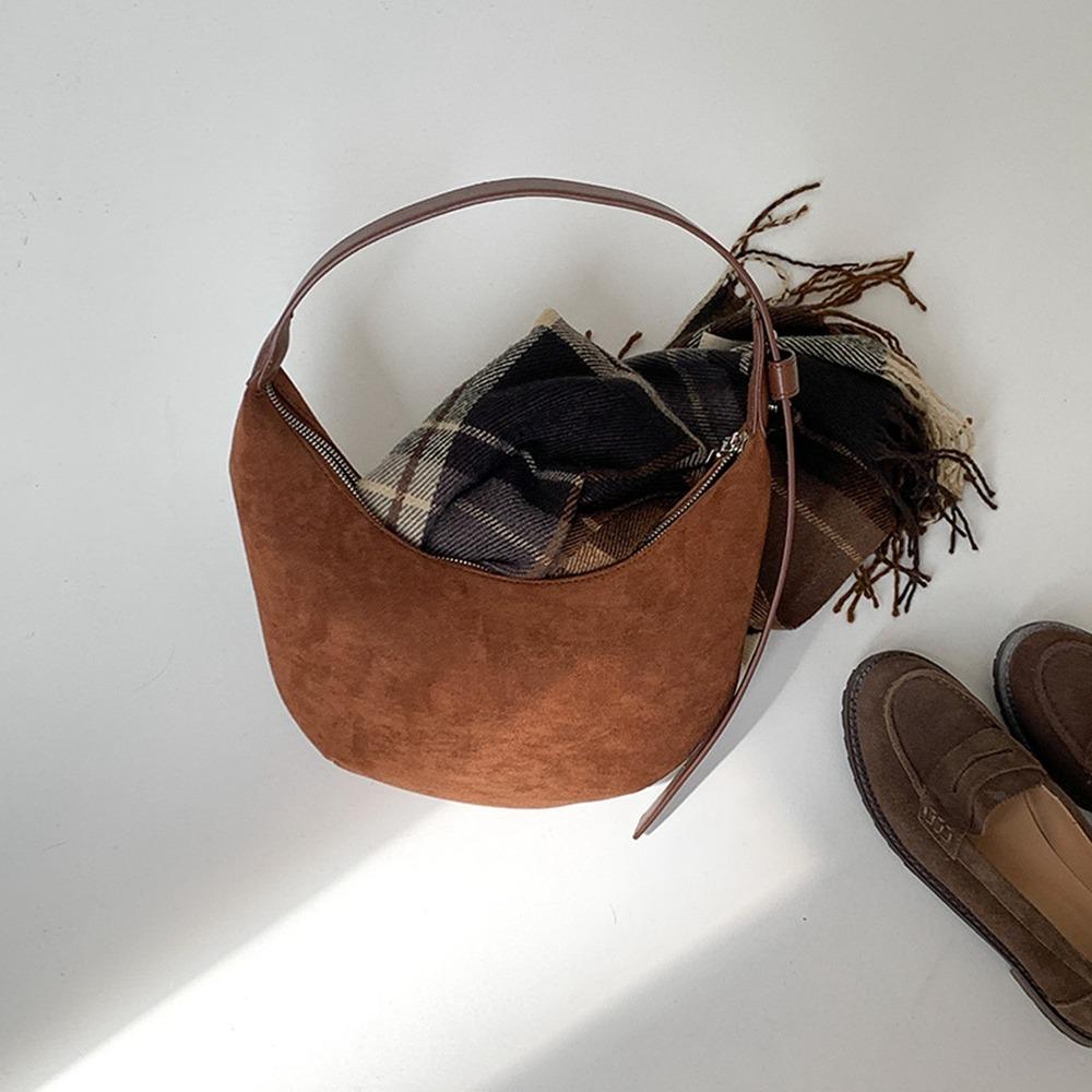 Fashiable Korean Style Suede Shoulder Bag Retro Solid Color Brown Handbag Large Capacity Zipper Underarm Bag Autumn кофейный