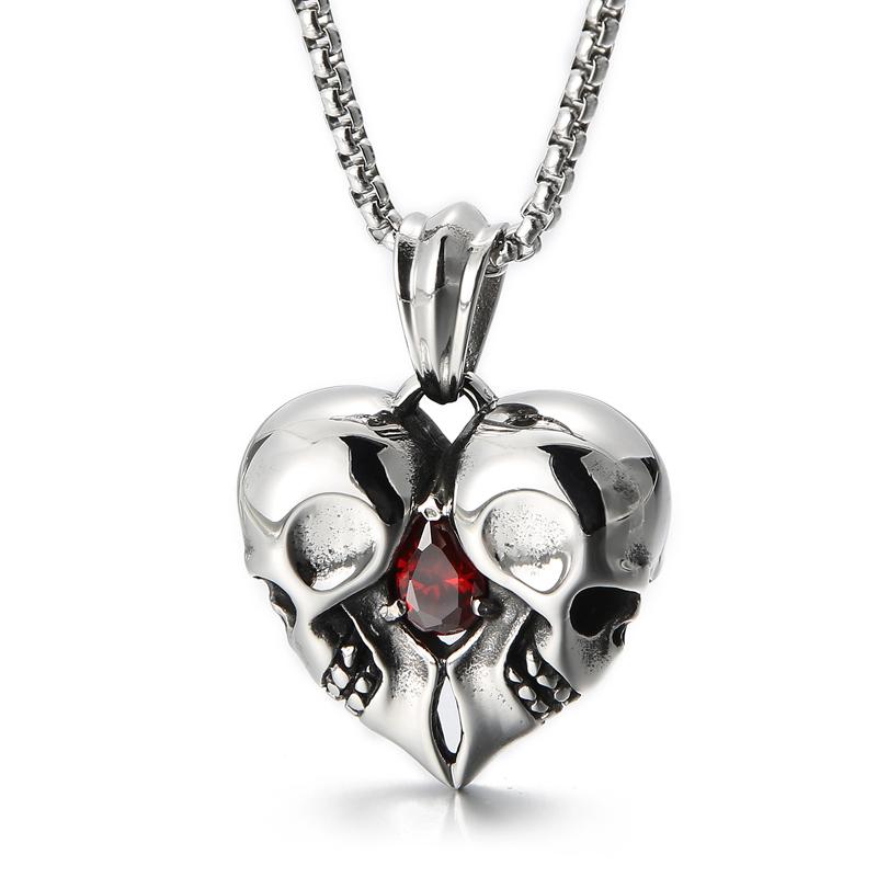 Stone Skull Heart Pendant Necklace You Are My Heart Couples Gift Punk Stainless Steel with Red Gemstone Men Party Jewelry 60cm