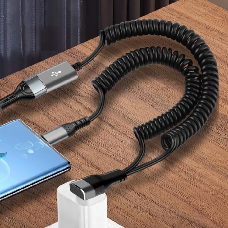 66W Fast Charging Spring Retracted Data Cable Type C 90 Degree Angled Connector For Mobile Phone Multiple Device