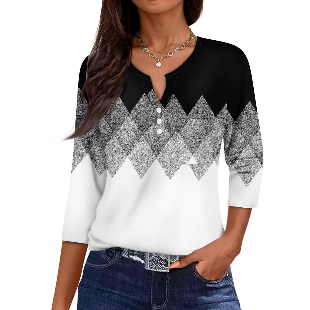 Women's Casual Fashion V-neck Loose Versatile Floral Print Three-quarter Sleeves