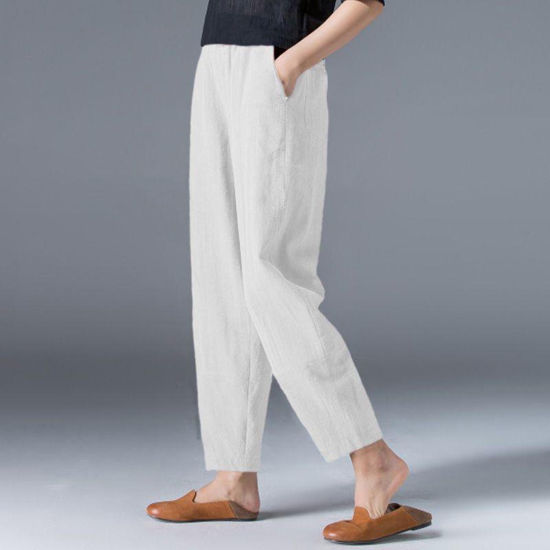 Women's Baggy Pants Cotton Linen Wide Leg Trousers Casual Elastic Waist Patchwark Harem Pants