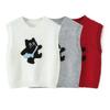 Kaslead New Women clothes Western Style Towel Embroidery Stickers Cartoon Kitten Pattern Pullover Vest Sweater