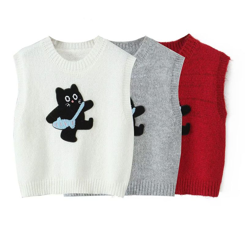 Kaslead New Women clothes Western Style Towel Embroidery Stickers Cartoon Kitten Pattern Pullover Vest Sweater