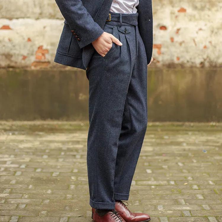 Men Vintage High Waist Pants Casual Straight Trousers Autumn Suit Pant