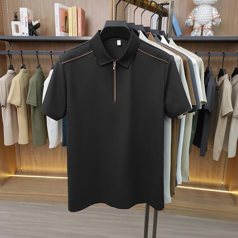 Jin An Men's Seamless Short-Sleeve Spliced Polo Shirt with Half-Zip and Split Hem
