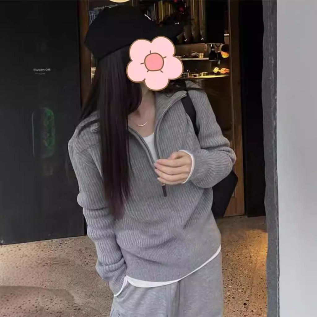 Women's Autumn Winter Half-Zip High Neck Sweater Stylish Gray Inner Wear Knit Top
