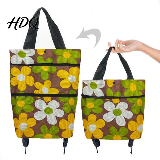 Outdoor Picnic Utility Tote Foldable Shopping Bag with Wheels Heavy-Duty Waterproof Oxford Cloth Grocery Cart Space Saving Organizer Reusable Roller