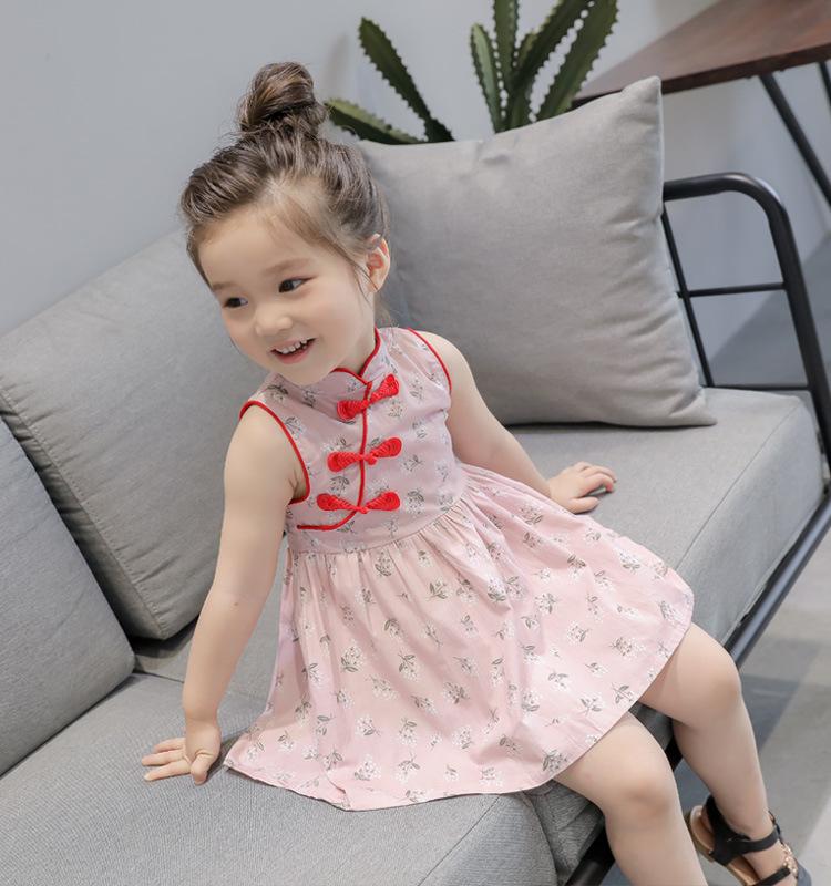 Kids Girls Chinese Style Cute Flower Print Dress Vintage Cheongsam Dresses Qipao Baby Clothes