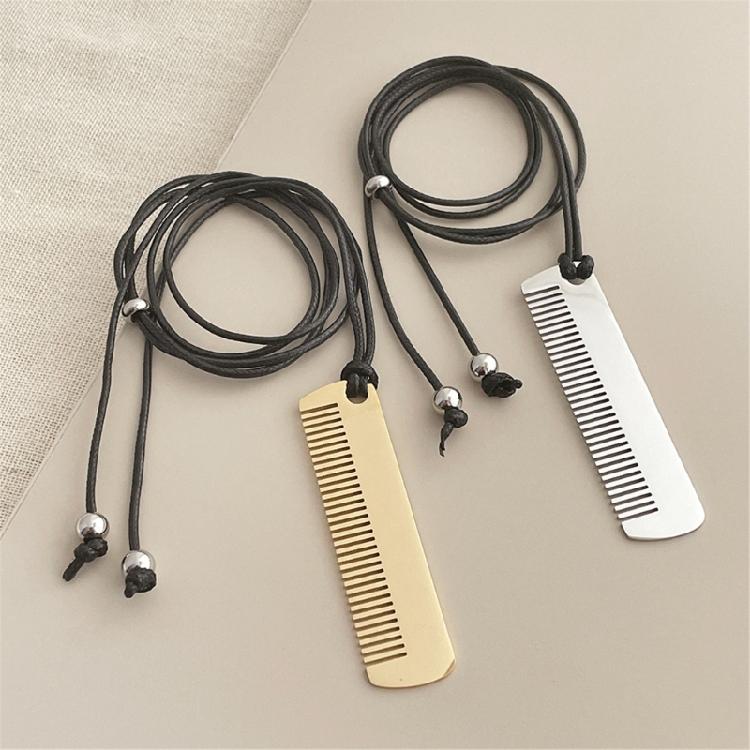 Unique Alloy Comb Pendant Necklace Accessory Adjustable PU Leather Rope Long Sweater Chain Stylish Neckchain Accessories