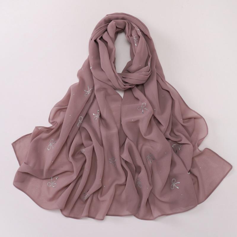 Pearl Chiffon Starry Bow Rhinestone Long Scarf Muslim Women Headscarf