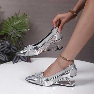 Fashion Pumps Women Shoes Bow Slip-On Shallow Shoes Wedding Party Pointed Toe High Heels Pump Femme Special-shaped Heel
