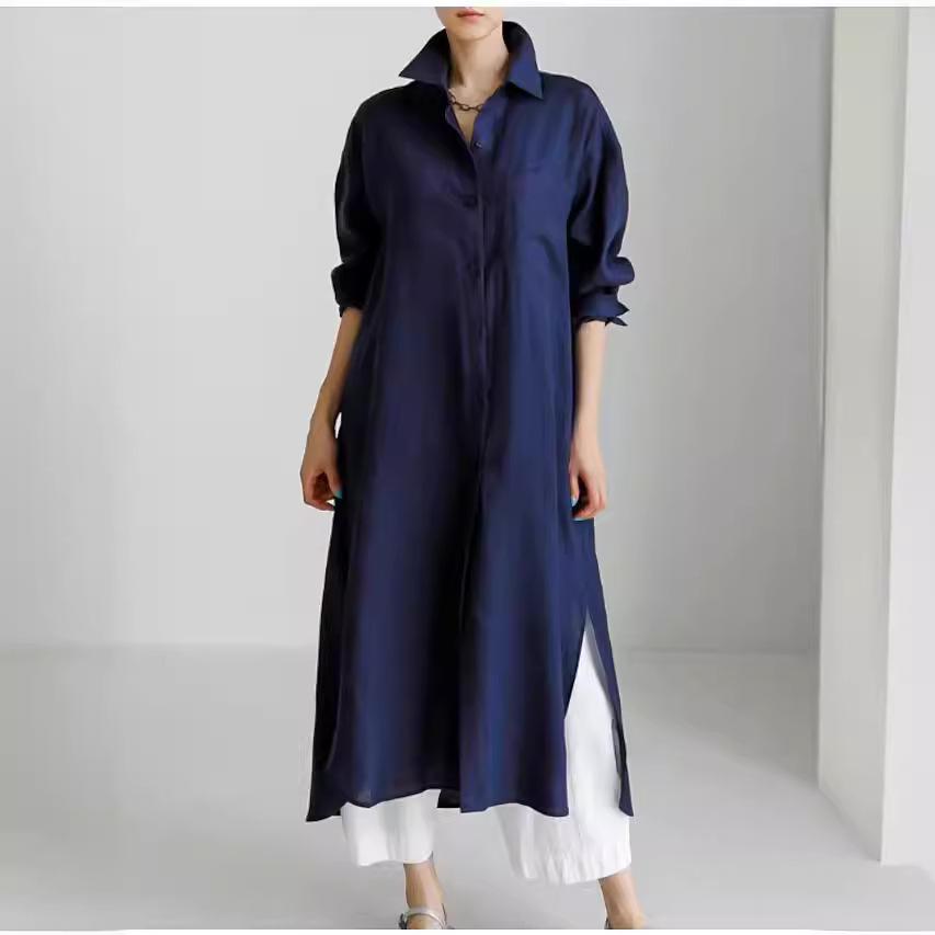 Plus Size Summer Women's Cotton Linen Dress Shirt Elegant Loose Irregular Cardigan Single Breasted Long Sleeved Dresses
