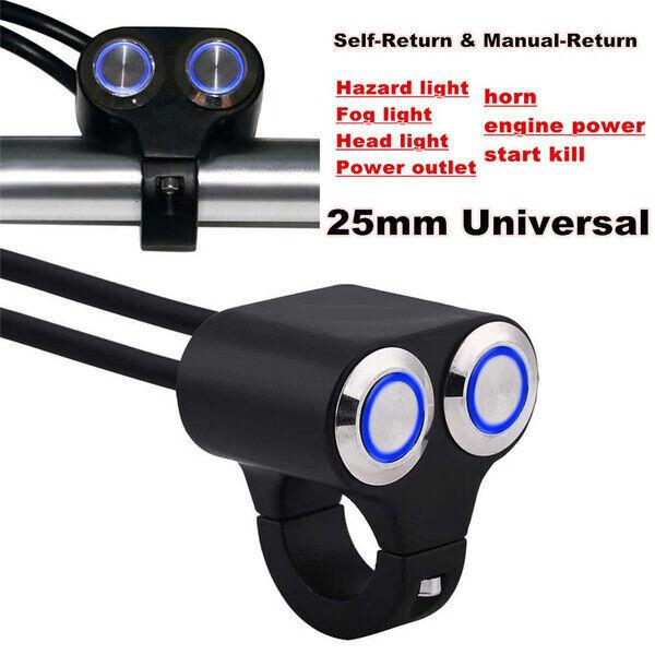 25mm Motorcycle Handlebar Switch Self-return Motentary Button Blue LED Indicator