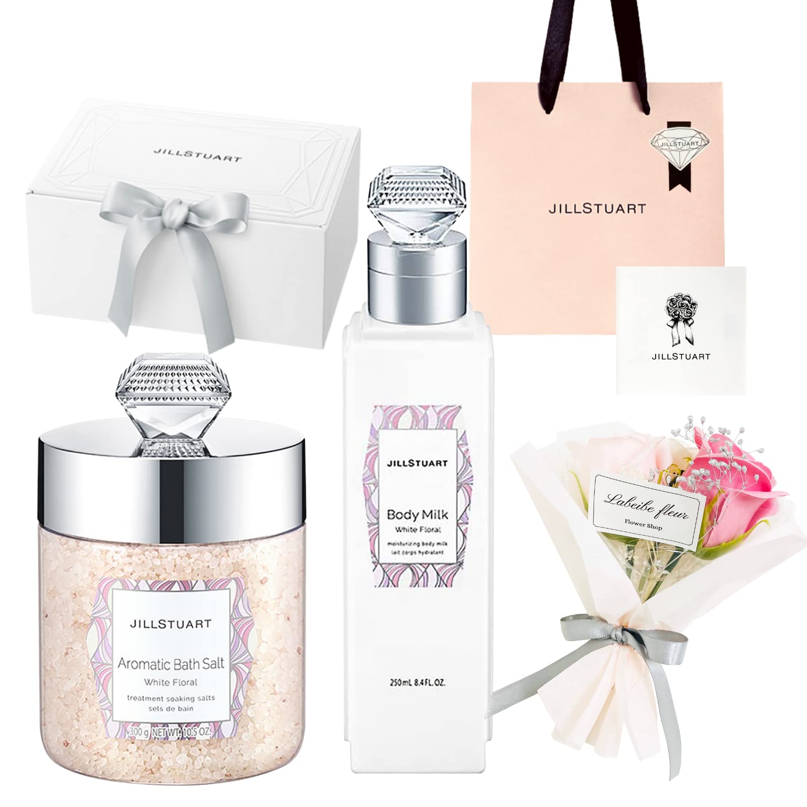 

JILL STUART Подарочный набор Ароматическая соль для ванны Белое цветочное молочко для тела Подарочный набор для ухода за телом Подарочный набор с сообщением Мини-букет и [Подарочная коробка, сумка-шоппер, открытка, включены]