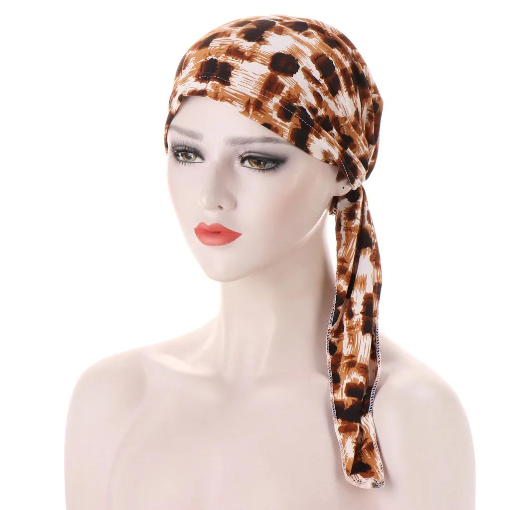 

New Women Printed Pre-Tied Turban Cap Muslim Hijab Inner Caps Hair Loss Cover Beanies Bonnet Long Tail Headscarf Strech Bandana