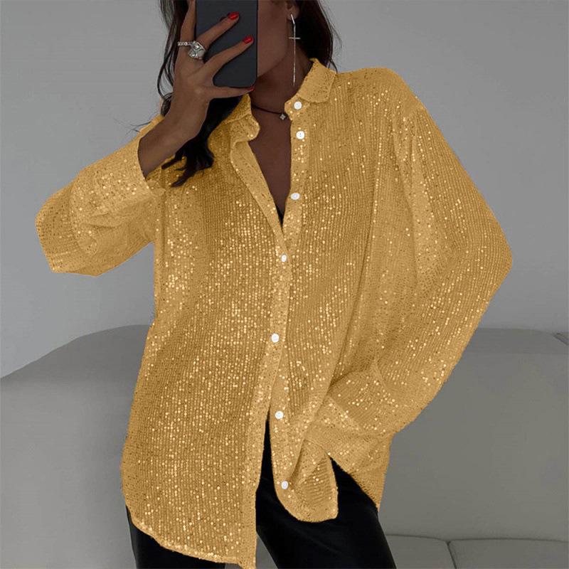 2026 Sexy Sequin Sparkle Lapel Single-Breasted Long Sleeve Women's Shirt