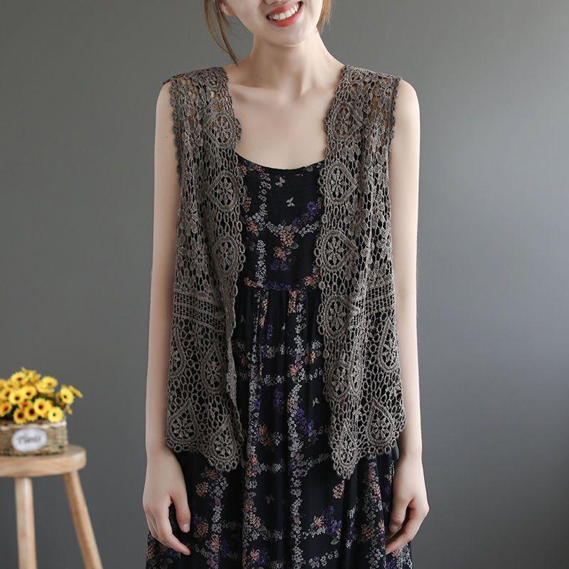 Summer Women Lace Vest Loose Cut-out Cardigan Vest Bohemian Style Cotton Woven Open Front Vest Thin Outwear