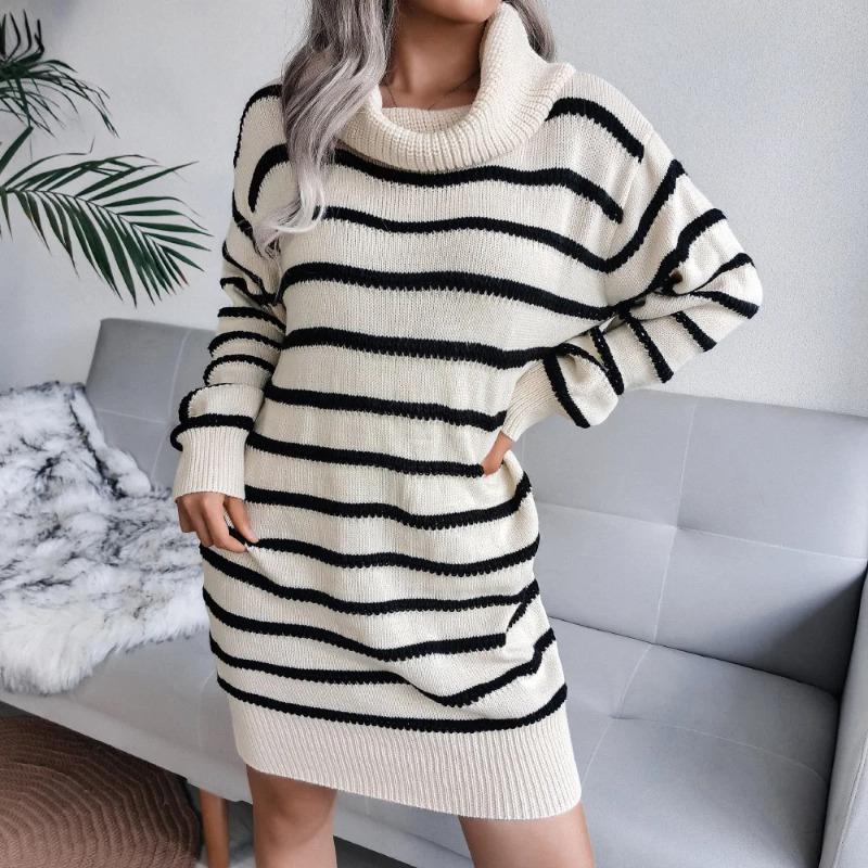 Casual Warm Sweater Dress Femme 2024 New Fashion Autumn and Winter Women's High Neck Black and White Striped Knitted Sweater