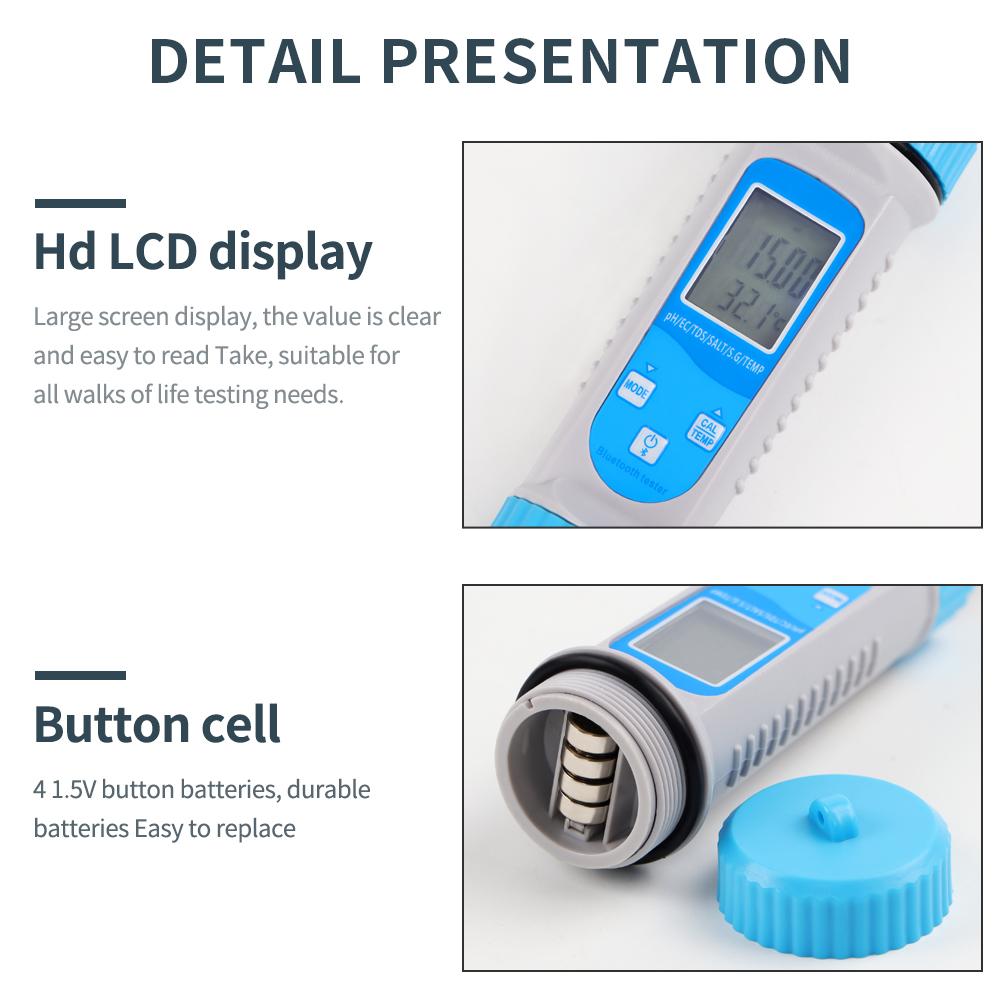Bluetooth 6 In 1 TDS Meter Digital Water Tester EC TDS SALT SG Temperature PH Meter Aquarium Water Tester Pool Accessories