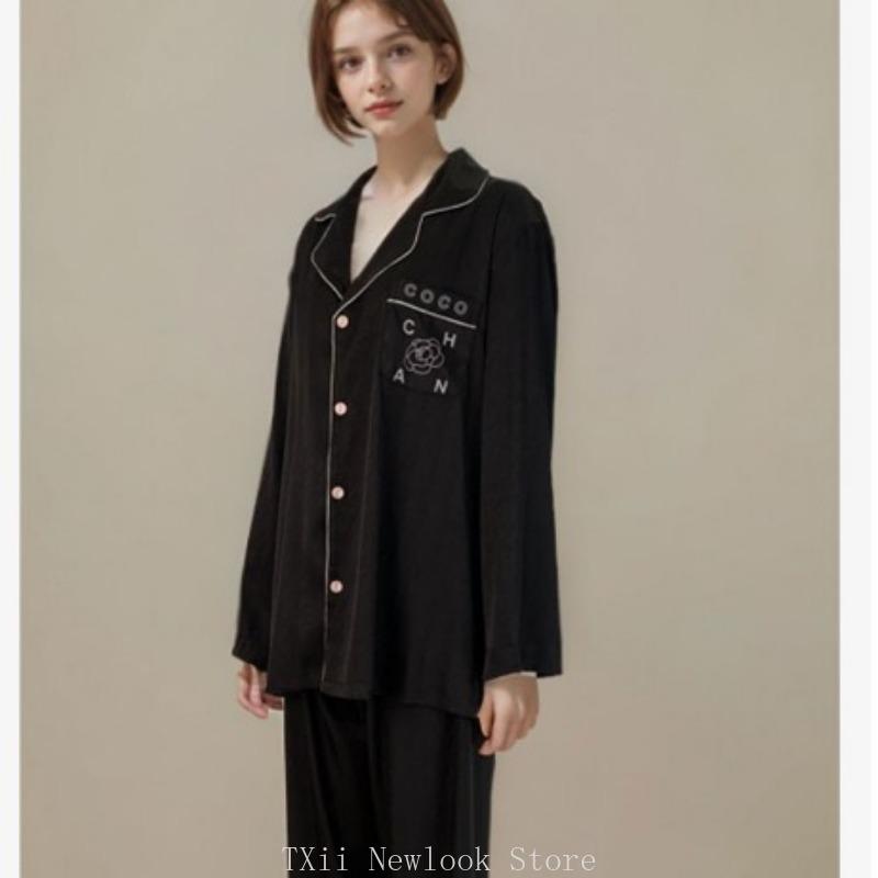 Gentle and Cool Ice Silk Long-sleeved Pajamas Women's Suit Black and White Camellia Spring Loose Women