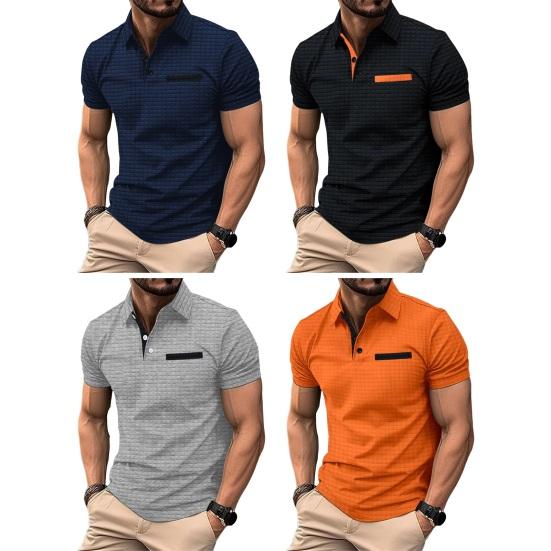 Erkekler Yaz Gömlek Kısa Kollu Slim Fit Düz Renk Düğmesi Turn-down Yaka Ekose Doku Yumuşak Nefes Kazak Rahat İş Üst