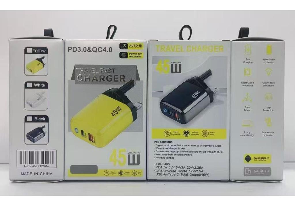 Dual-Port PD45W GaN Fast Charger with International Compatibility and LED Indicator