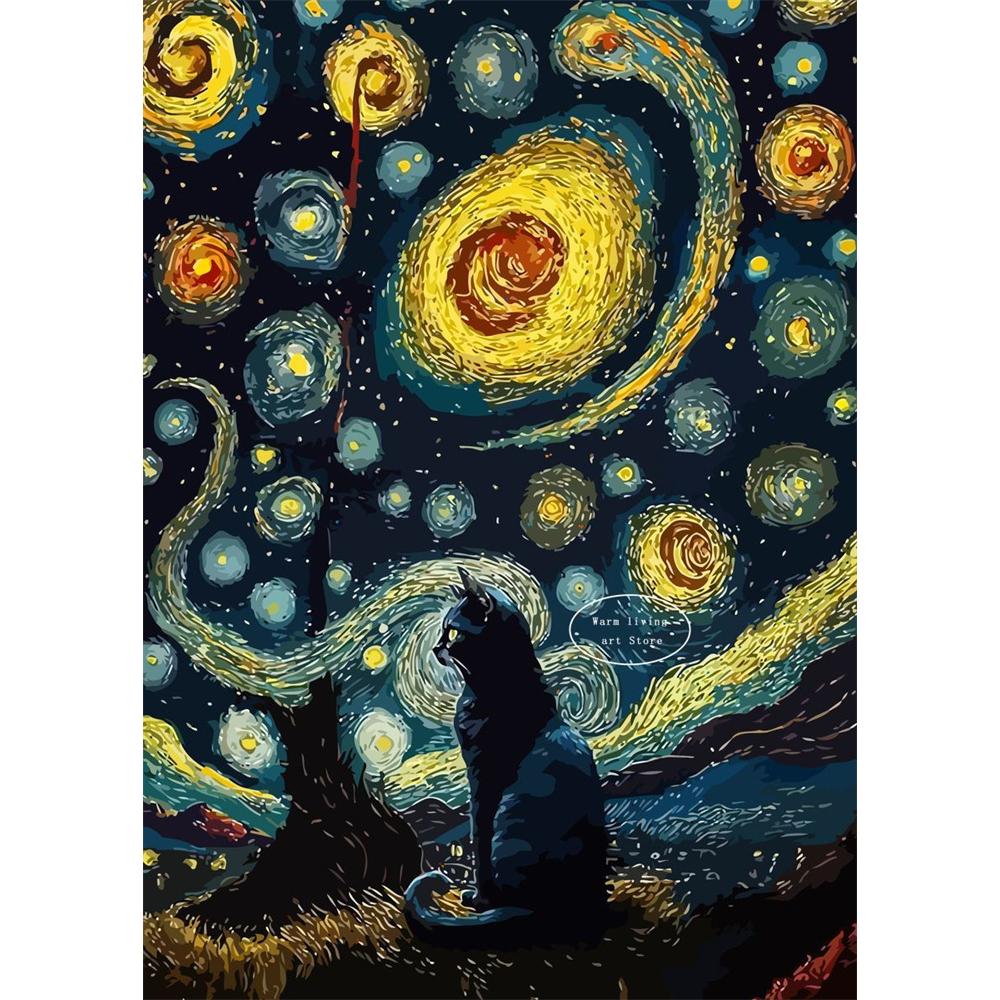 5D Diy Diamond Painting Cross Stitch Embroidery Mosaic Funny Black Cat Flower Van Gogh The Starry Night Full Round Drill Home Decor Wall Art Gift