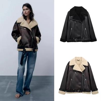 Casaco feminino grosso e quente de pele sintética dupla face, pele de carneiro, outono inverno, novo, lapela, manga comprida, cinto, bainha, zíper, roupa externa feminina