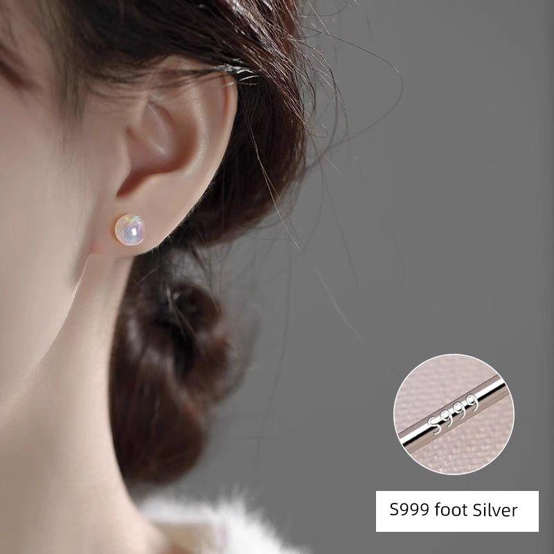 

S999 Sterling Silver Earrings Pearl Ear Studs Ear Clip Female New Arrival Accessible Luxury Fancy Shijia Fever Same Anti-Allergy A pair of 8mm mermaid earrings 999 silver needles