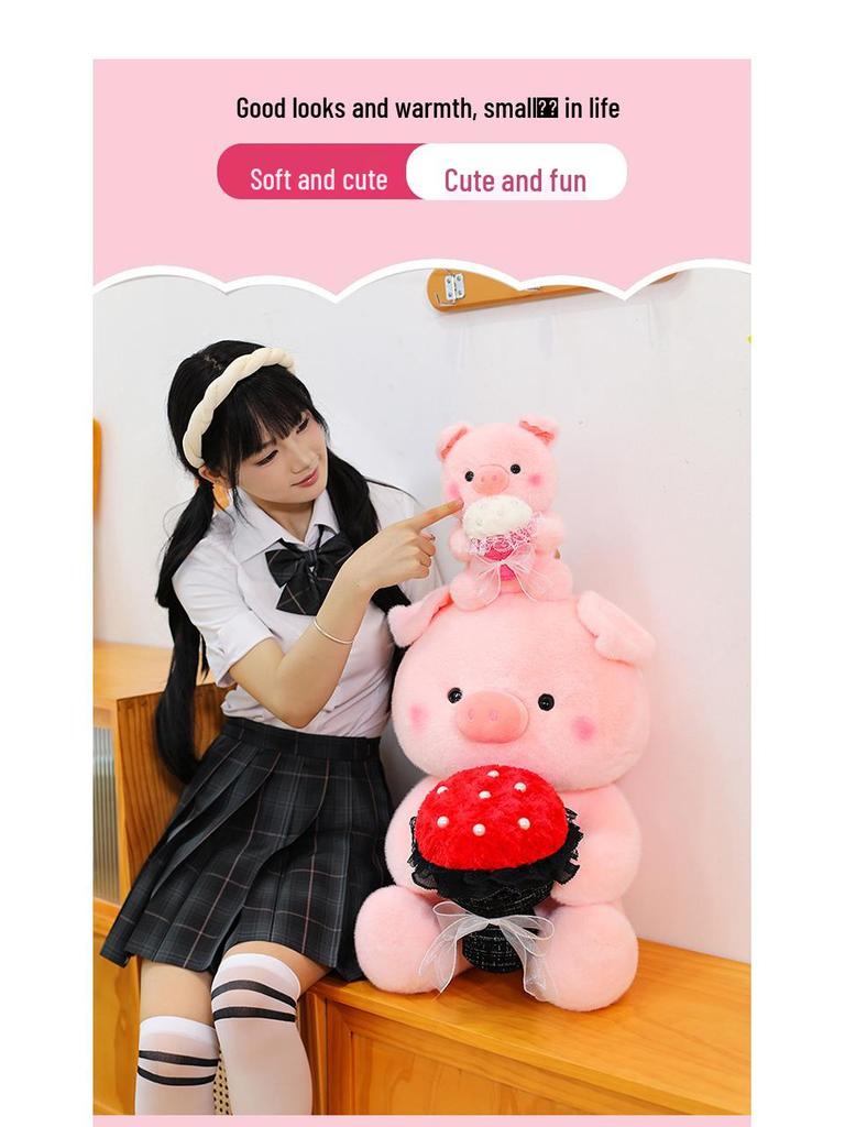 Large Plush Pig Doll - Cute Stuffed Animal Gift for Girlfriend, Valentine's Day, or Birthday - Pig Holding a Flower