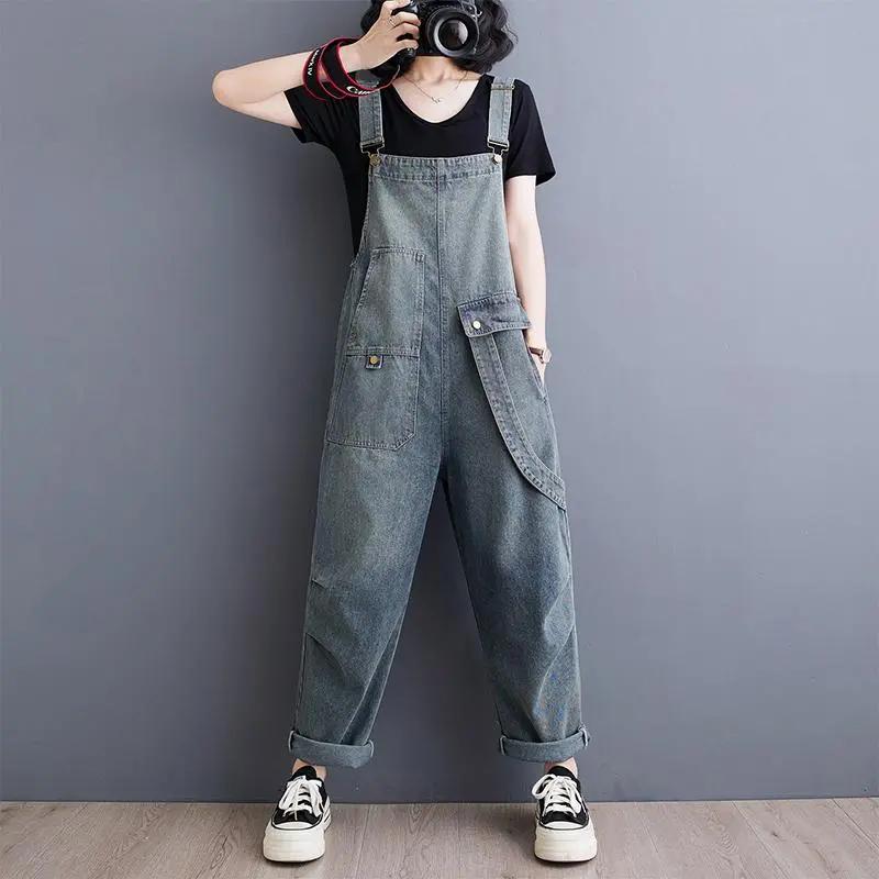 Damen Sommer Literarisch Retro Übergröße Locker Lässig Denim Latzhose Damen