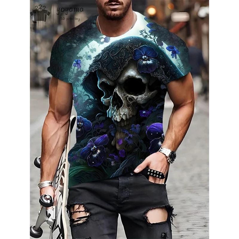 New Men's Horror Skull Print T-Shirt 3D  O-Neck Short Sleeve Fashion Oversized T-Shirts Men's Summer Street Clothing
